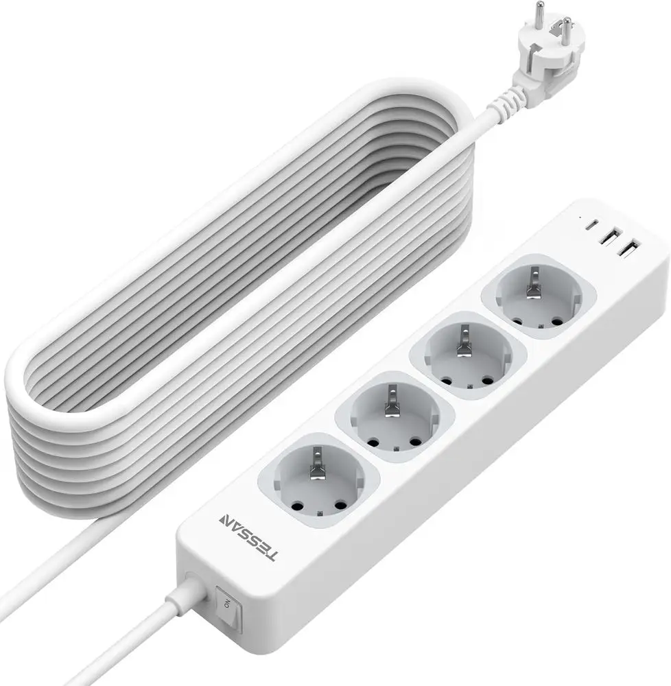 Tessan stolna produžna utičnica, 4x utičnica, 2x USB-A, 1x USB-C, prekidač (TS-307-C)